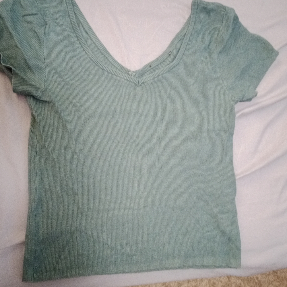 Women's Ribbed V-Neck Top - Turquoise